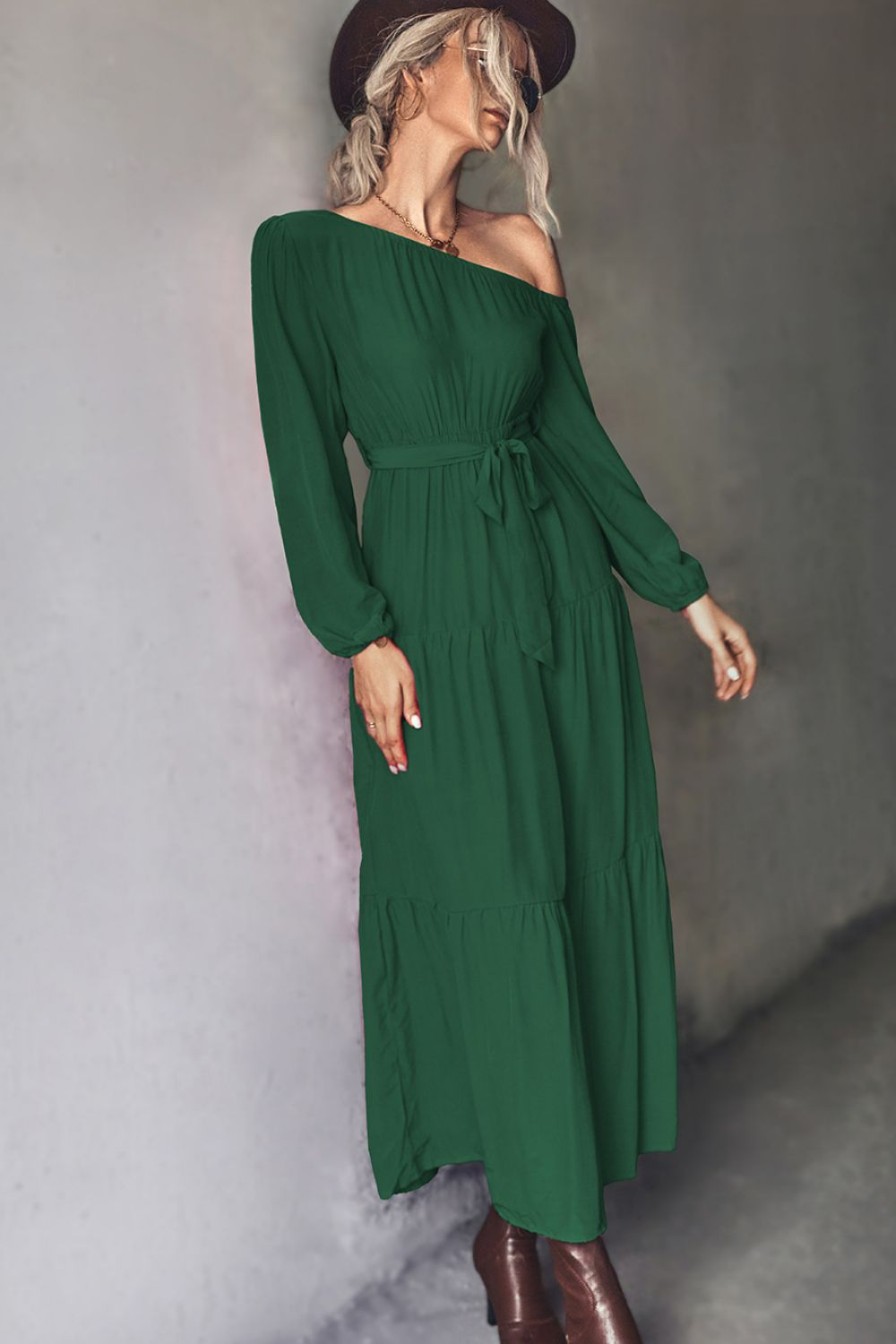 Belted One - Shoulder Tiered Maxi Dress - Dress - Green - Bella Bourget