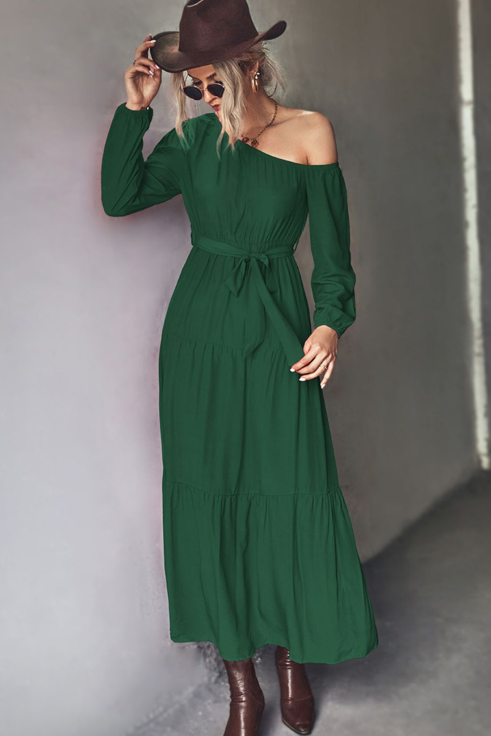 Belted One - Shoulder Tiered Maxi Dress - Dress - Green - Bella Bourget