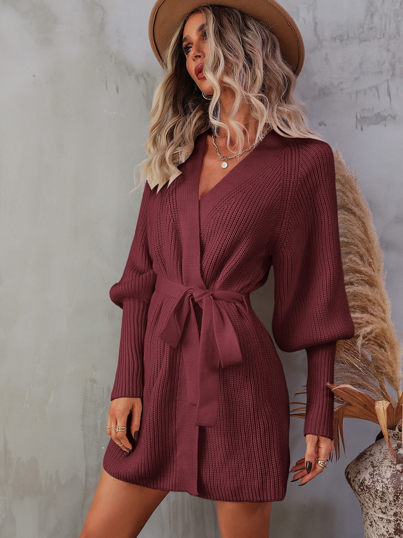 Belted Surplice Lantern Sleeve Wrap Sweater Dress - Dress - Wine - Bella Bourget