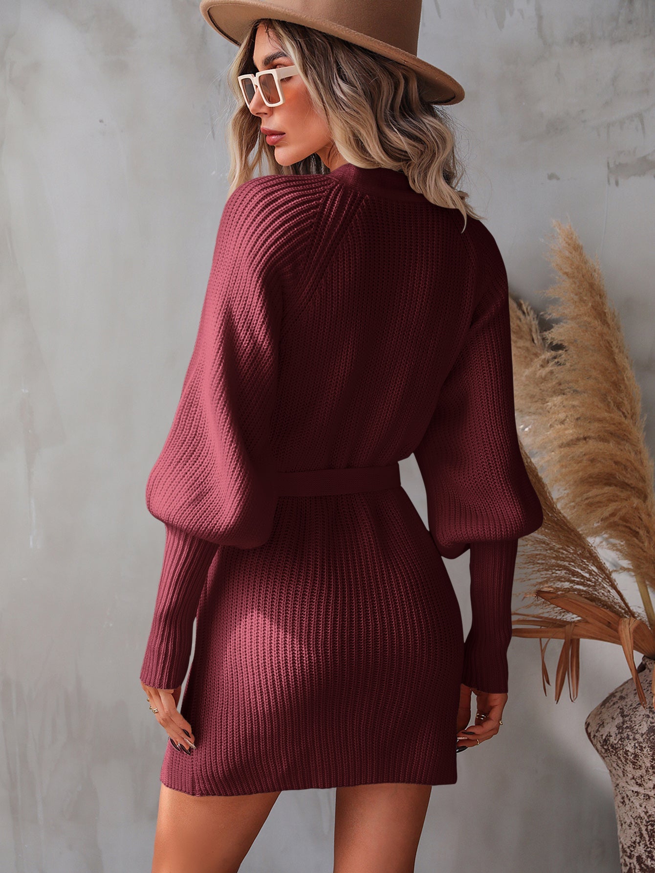 Belted Surplice Lantern Sleeve Wrap Sweater Dress - Dress - Wine - Bella Bourget