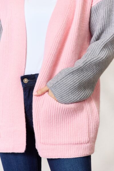 BiBi Contrast Open Front Cardigan with Pockets - Cardigan - Blush/Grey - Bella Bourget