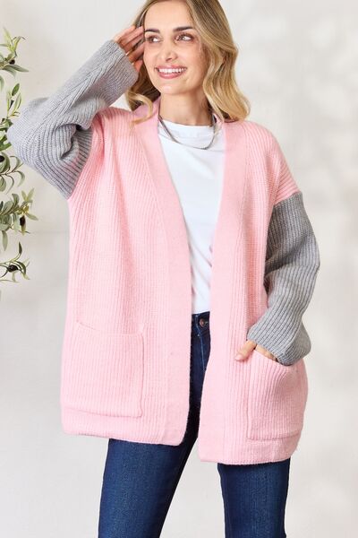 BiBi Contrast Open Front Cardigan with Pockets - Cardigan - Blush/Grey - Bella Bourget