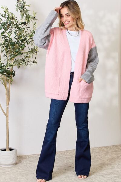 BiBi Contrast Open Front Cardigan with Pockets - Cardigan - Blush/Grey - Bella Bourget