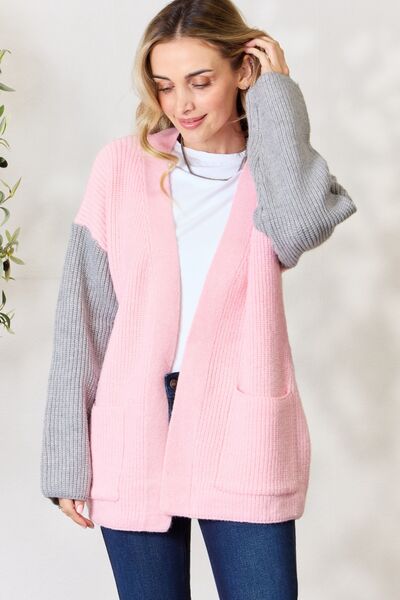 BiBi Contrast Open Front Cardigan with Pockets - Cardigan - Blush/Grey - Bella Bourget