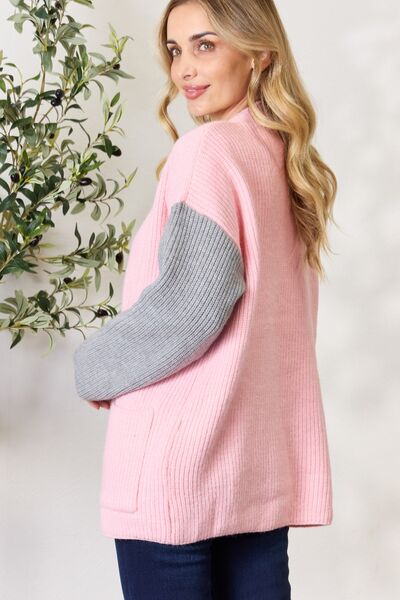 BiBi Contrast Open Front Cardigan with Pockets - Cardigan - Blush/Grey - Bella Bourget