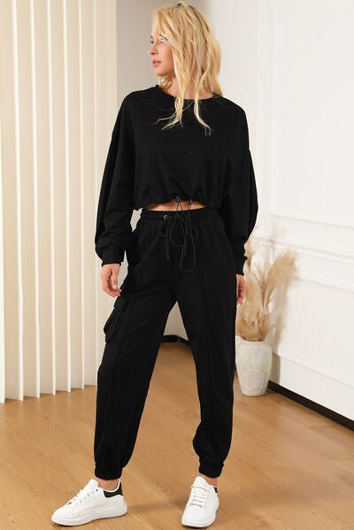 Black Drawstring Round Neck Top and Pants Set - Loungewear Set - Black - Bella Bourget