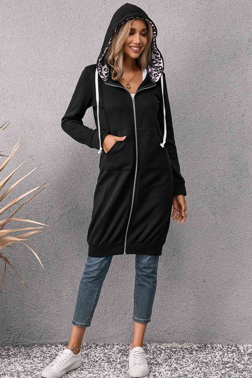 Black Drawstring Zip Up Hoodie Dress - Hoodie Dress - Black - Bella Bourget