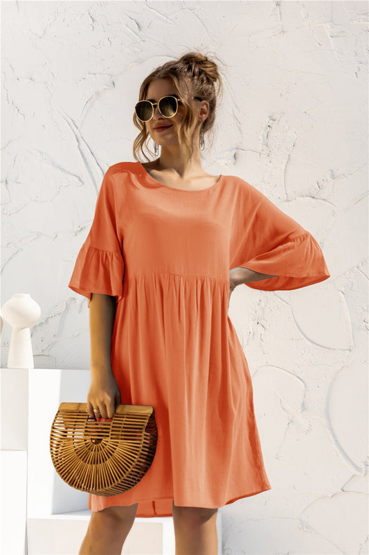 Boat Neck Flounce Sleeve Knee - Length Dress - Dress - Pumpkin - Bella Bourget