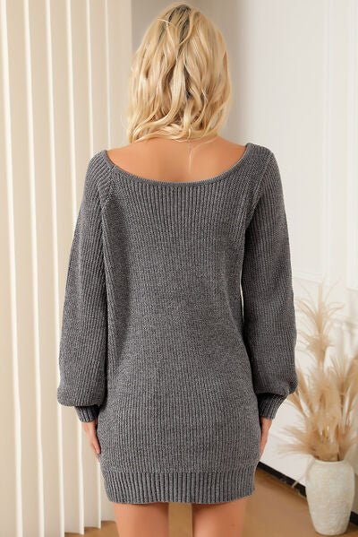 Boat Neck Long Sleeve Sweater Dress - Sweater Dress - Charcoal - Bella Bourget