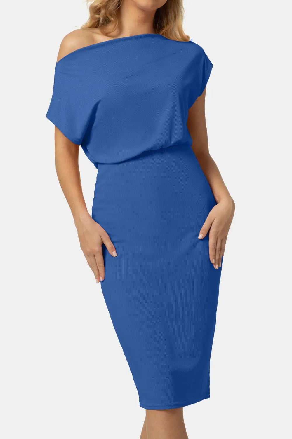 Boat Neck Short Sleeve Knee - Length Dress - Dress - Royal Blue - Bella Bourget