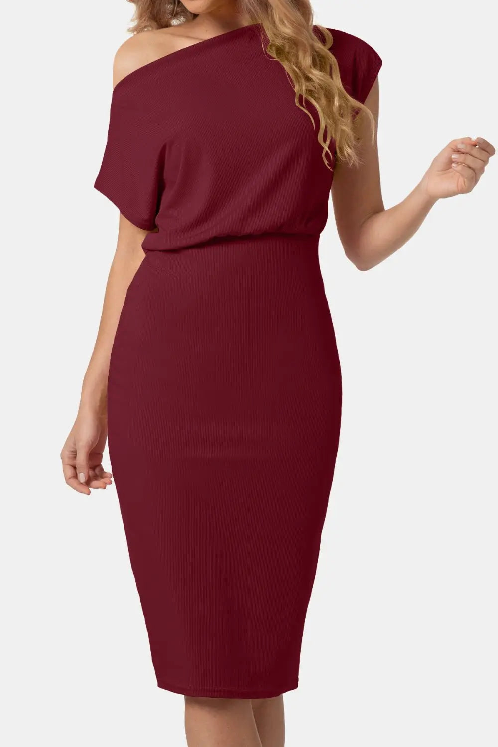 Boat Neck Short Sleeve Knee - Length Dress - Dress - Wine - Bella Bourget