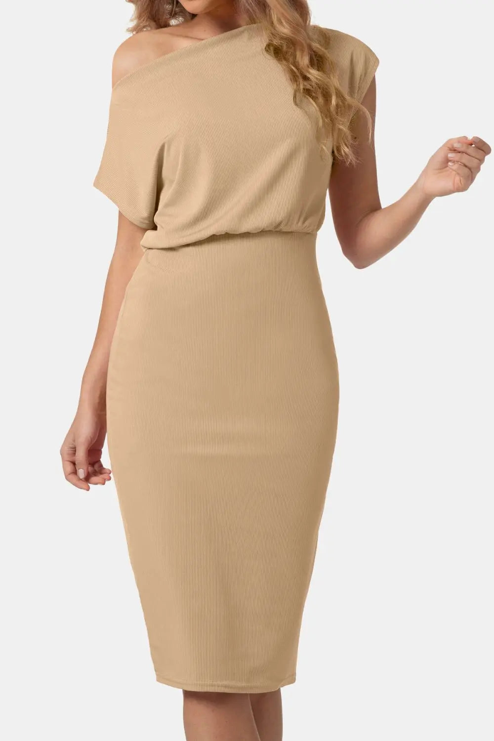 Boat Neck Short Sleeve Knee - Length Dress - Dress - Sand - Bella Bourget