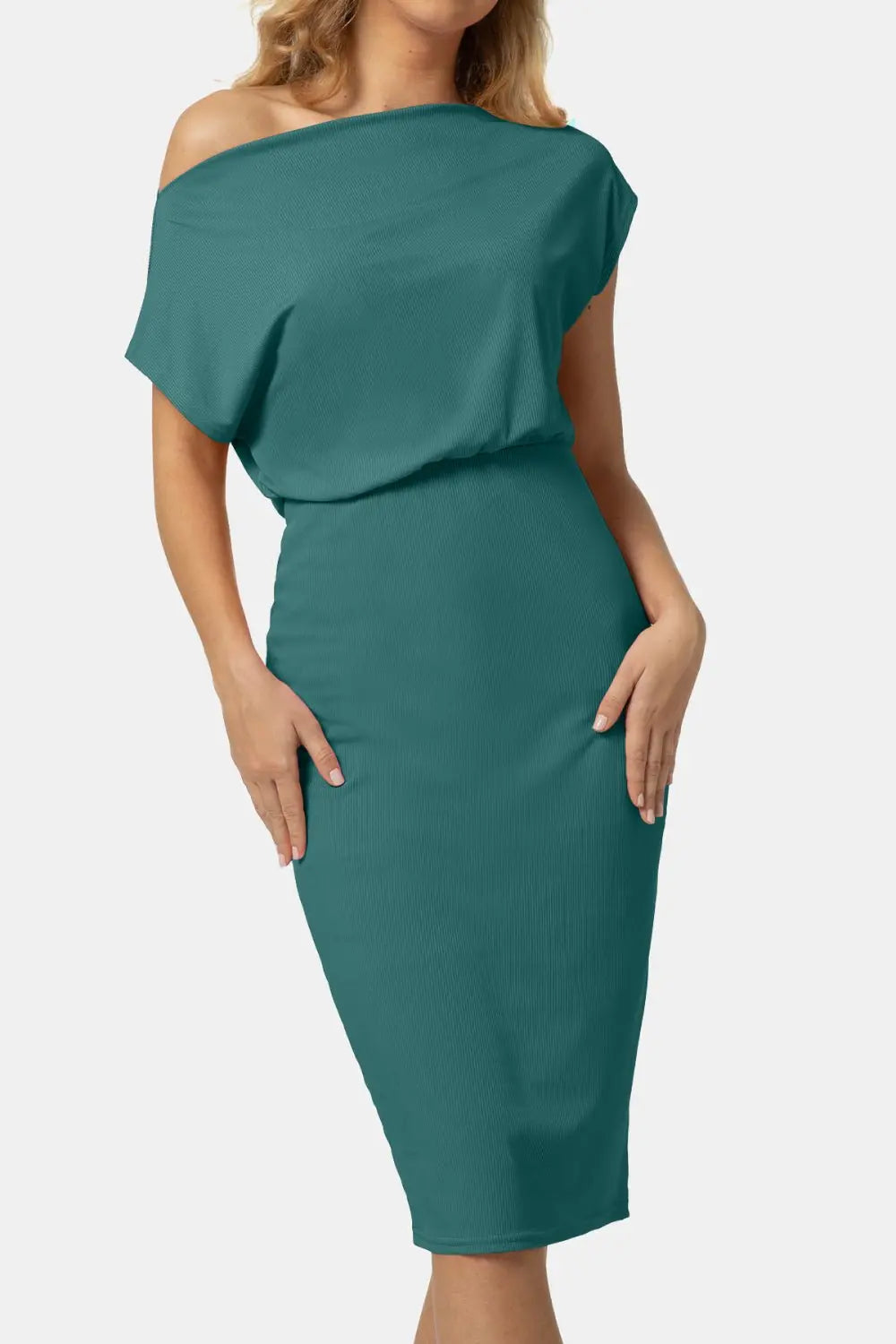 Boat Neck Short Sleeve Knee - Length Dress - Dress - Teal - Bella Bourget