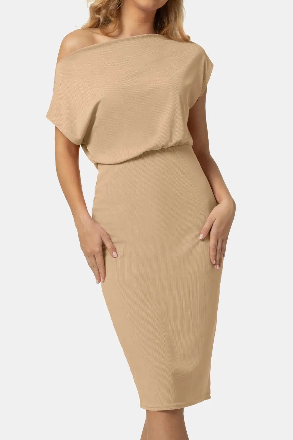 Boat Neck Short Sleeve Knee - Length Dress - Dress - Sand - Bella Bourget