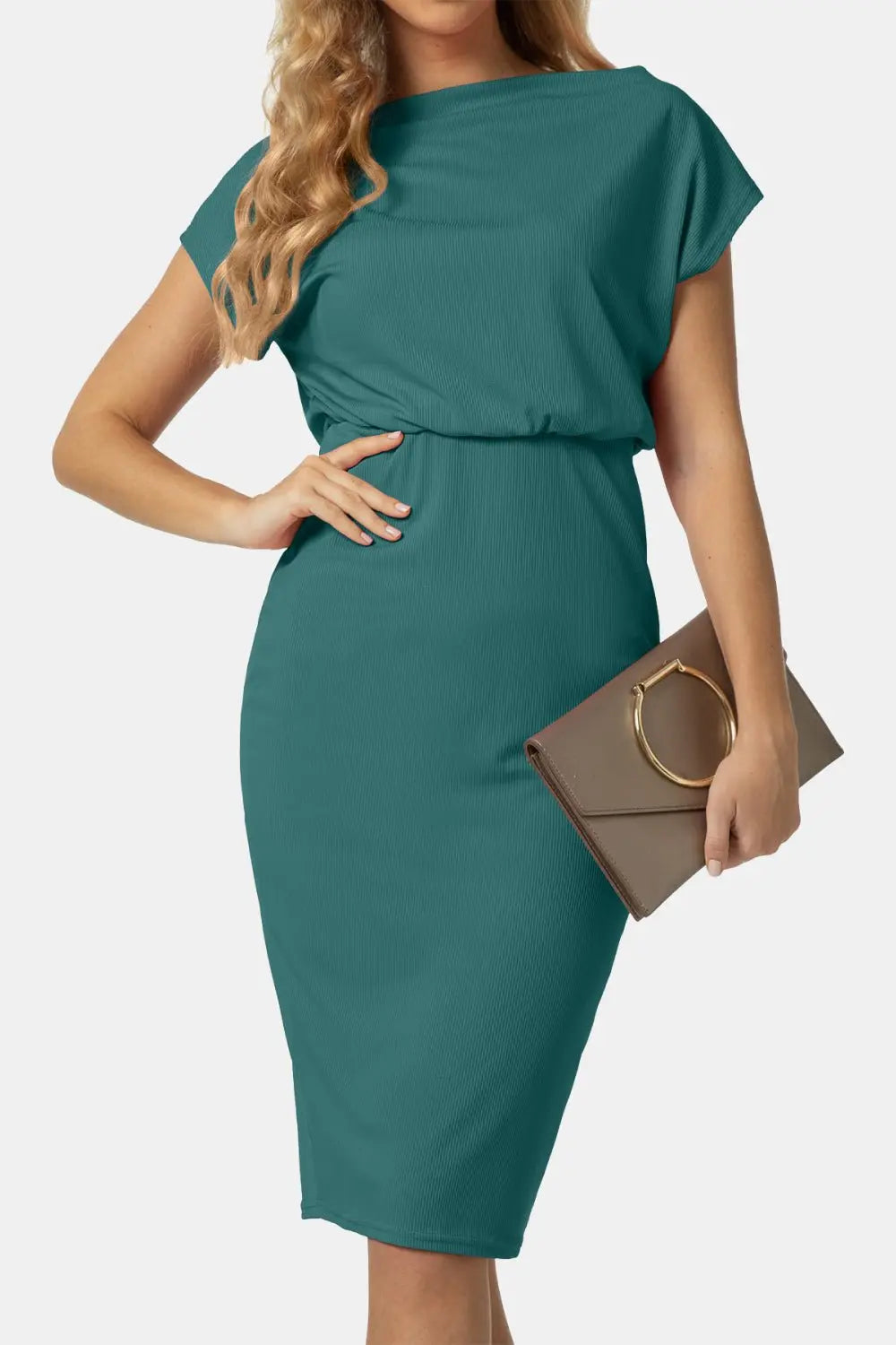 Boat Neck Short Sleeve Knee - Length Dress - Dress - Teal - Bella Bourget