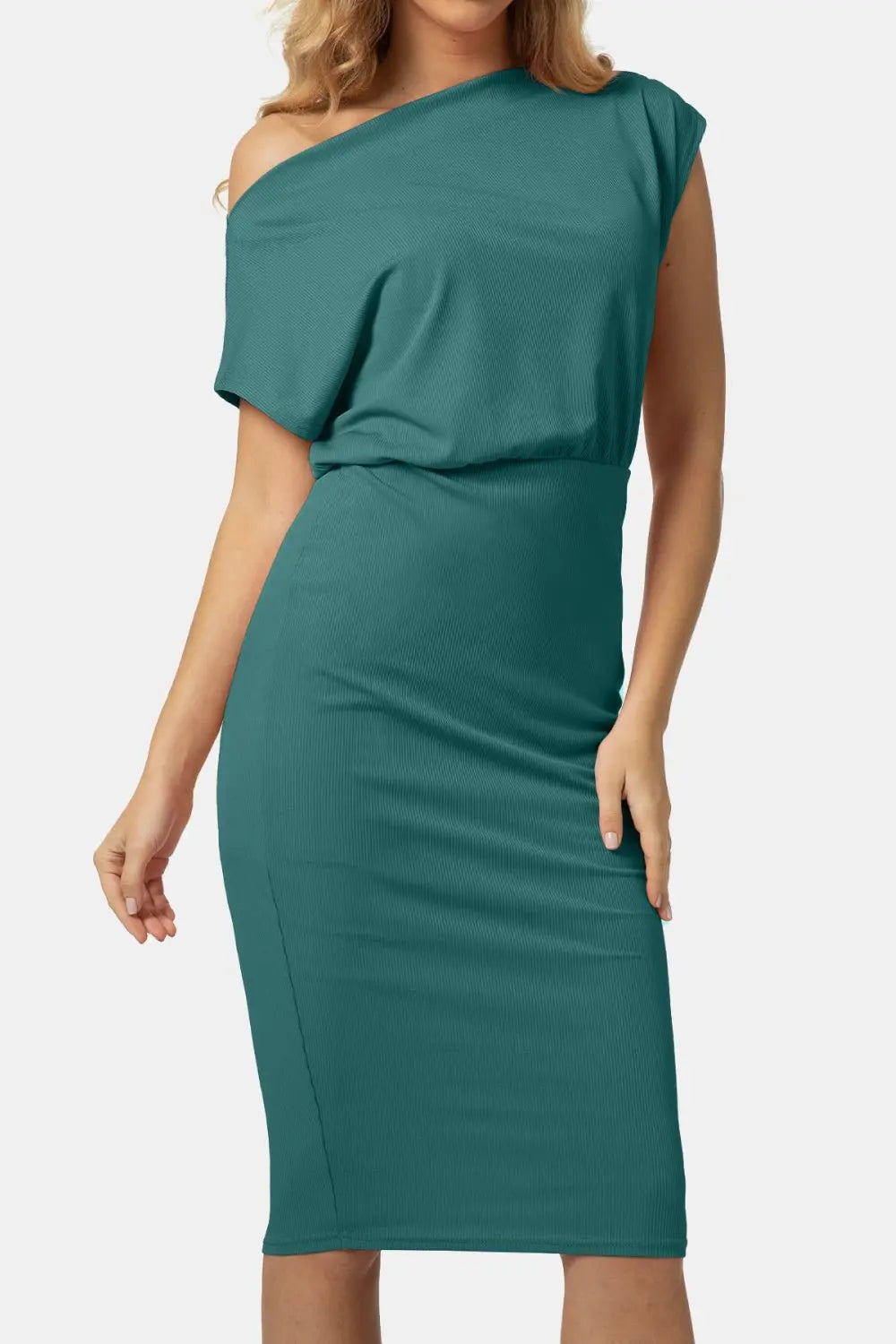 Boat Neck Short Sleeve Knee - Length Dress - Dress - Teal - Bella Bourget