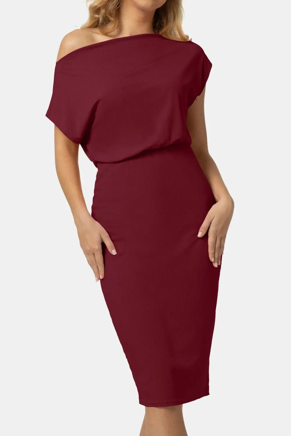 Boat Neck Short Sleeve Knee - Length Dress - Dress - Wine - Bella Bourget