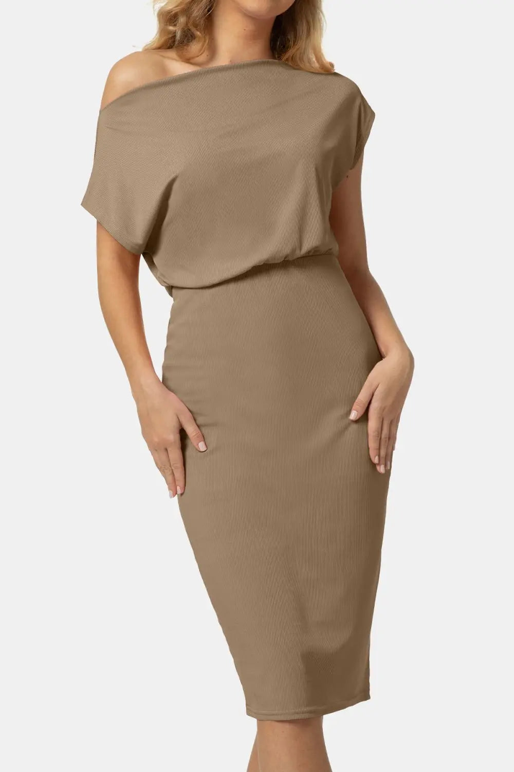 Boat Neck Short Sleeve Knee - Length Dress - Dress - Tan - Bella Bourget