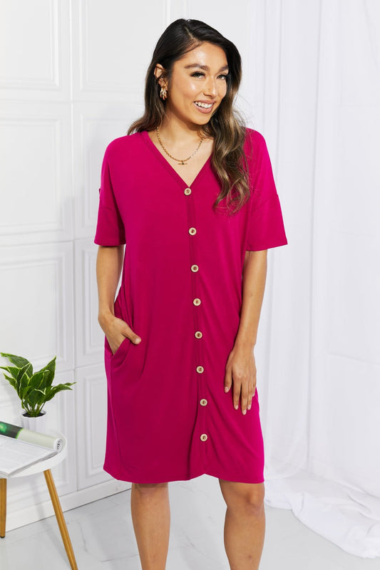 BOMBOM Sunday Brunch Button Down Knee - Length Dress in Magenta - Dress - Magenta - Bella Bourget