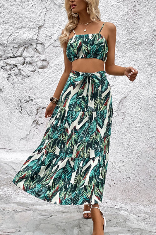 Botanical Print Cami and Tiered Skirt Set - Two - Piece Set - Teal - Bella Bourget