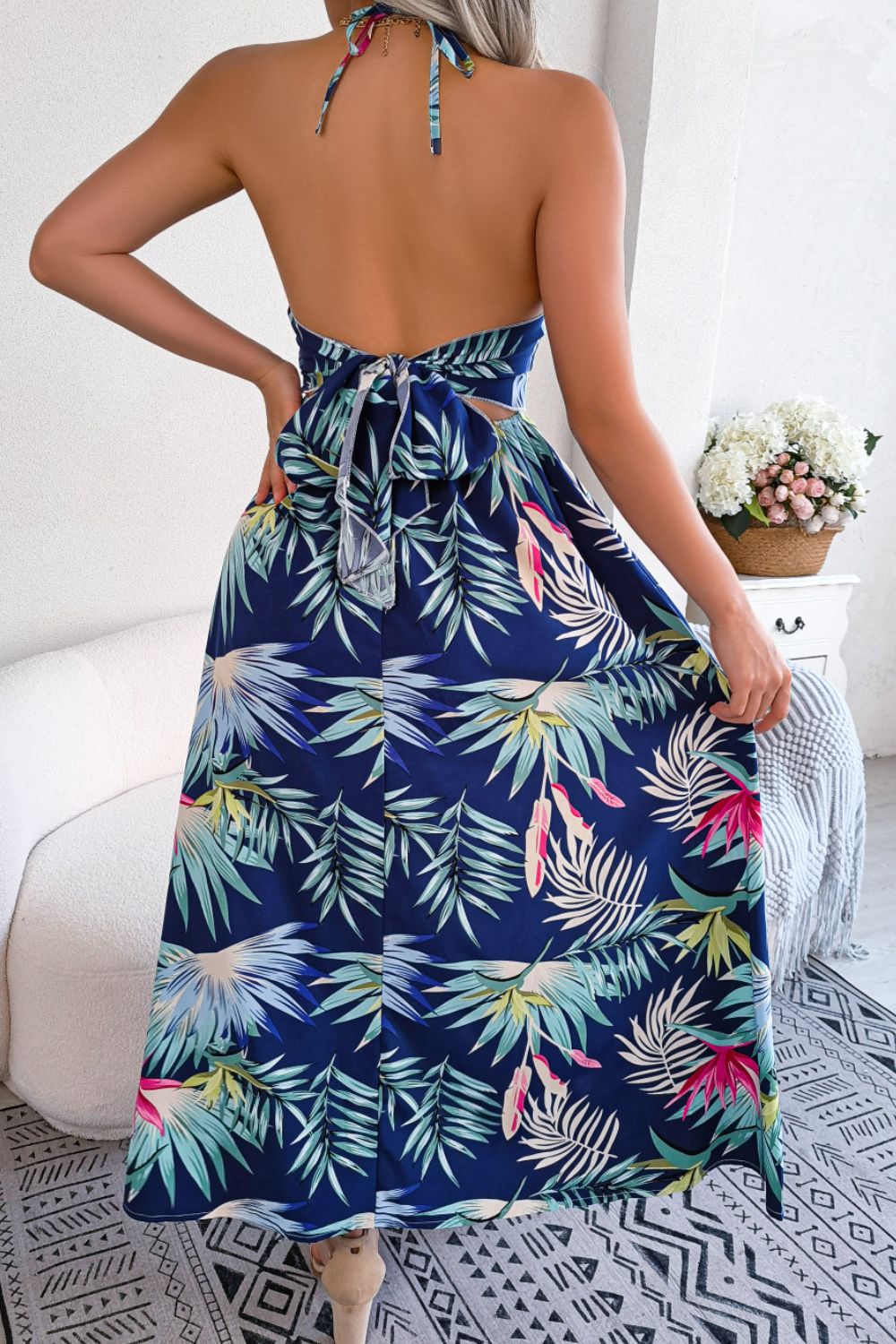 Botanical Print Tied Backless Cutout Slit Dress - Dress - Peacock Blue - Bella Bourget