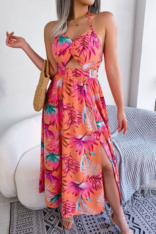 Botanical Print Tied Backless Cutout Slit Dress - Dress - Orange - Bella Bourget