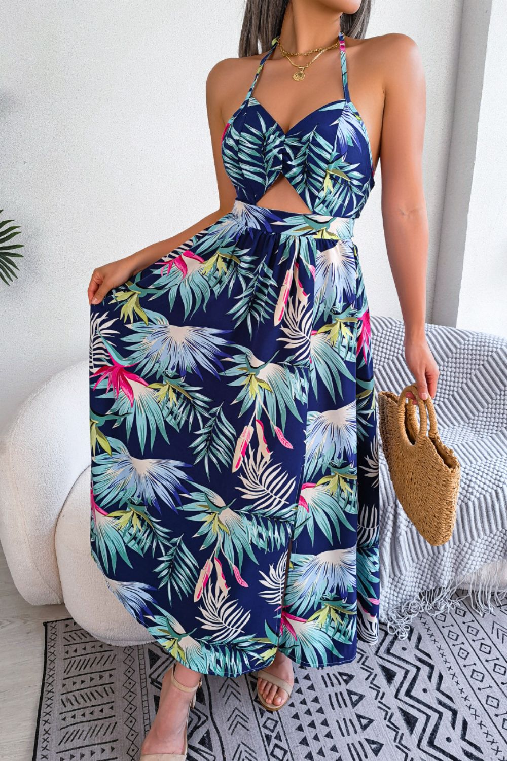 Botanical Print Tied Backless Cutout Slit Dress - Dress - Peacock Blue - Bella Bourget