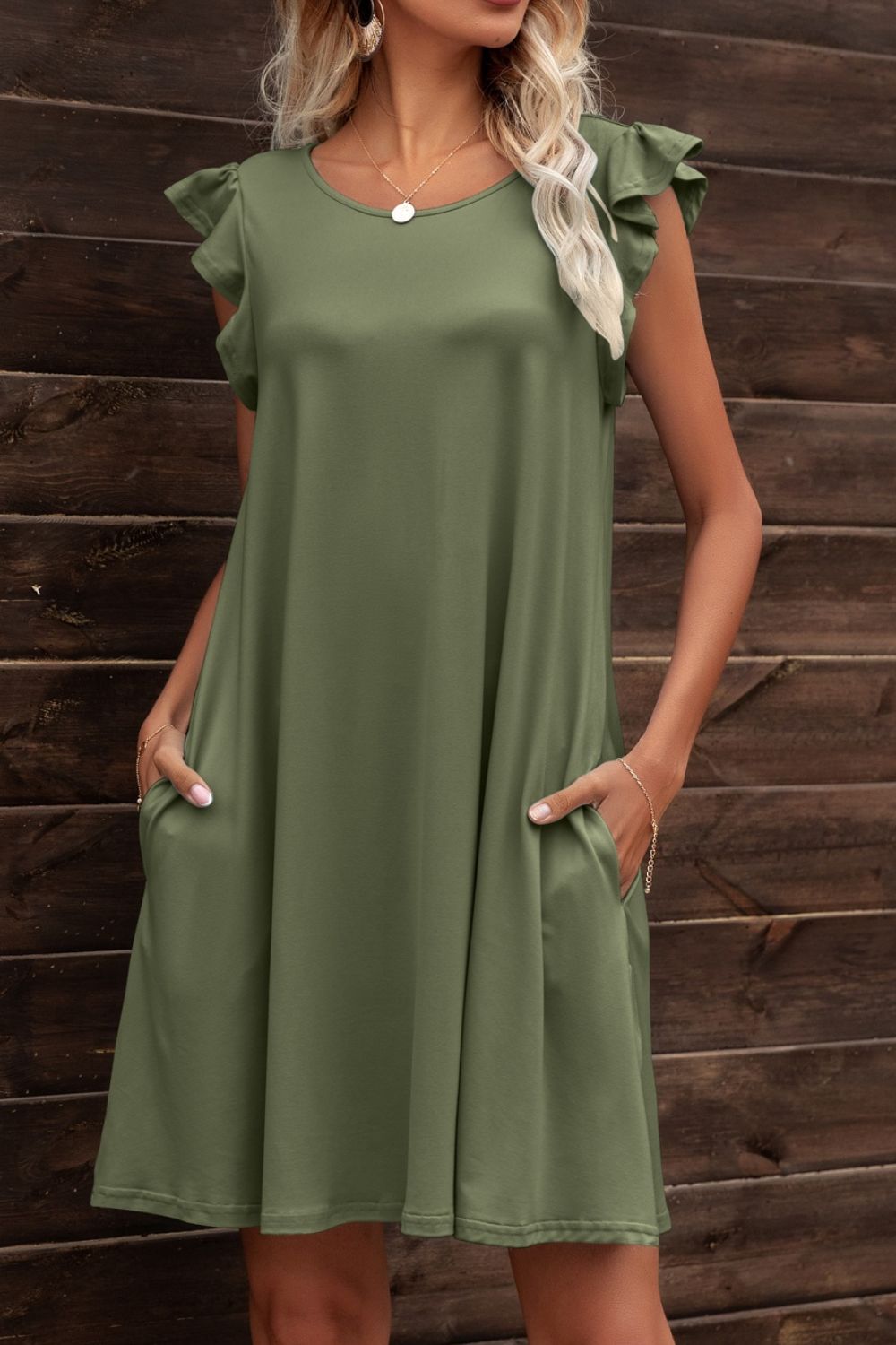 Butterfly Sleeve Round Neck Dress - Dress - Moss - Bella Bourget