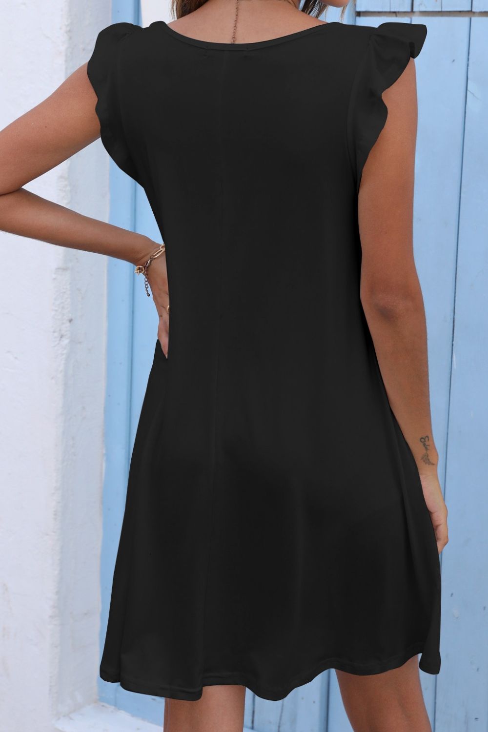 Butterfly Sleeve Round Neck Dress - Dress - Black - Bella Bourget