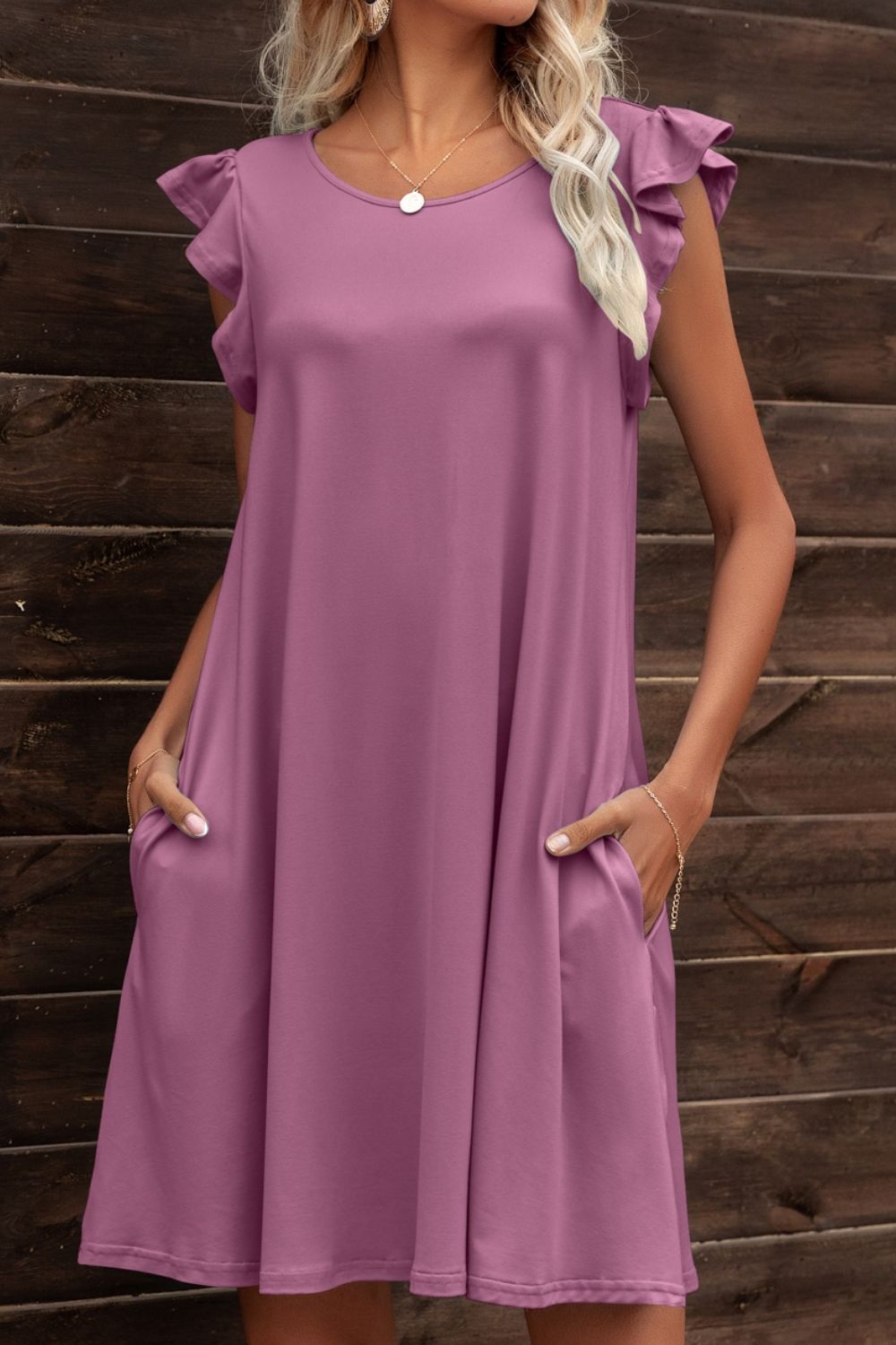 Butterfly Sleeve Round Neck Dress - Dress - Purple - Bella Bourget