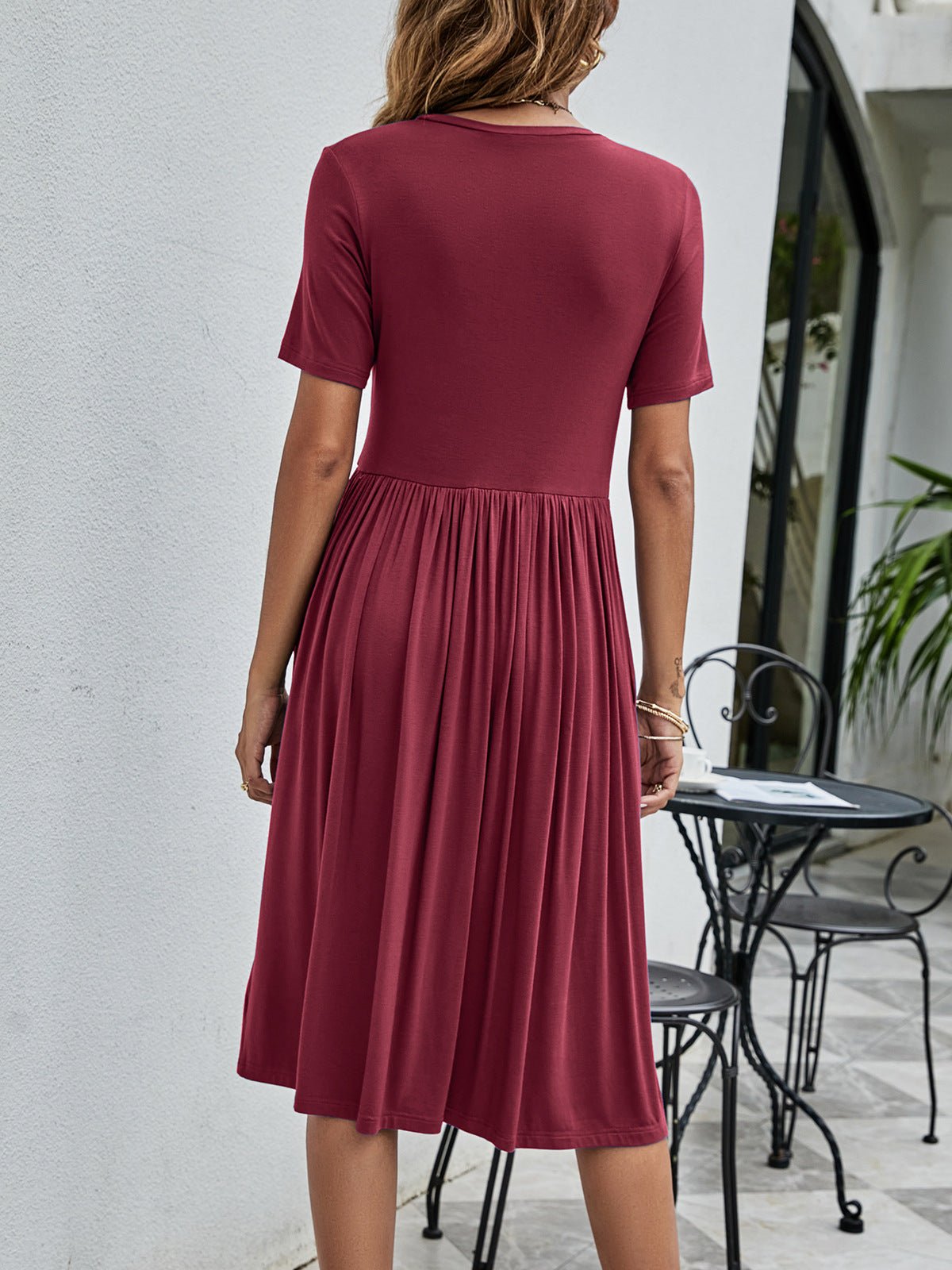 Button Detail Tee Dress with Pockets - Dress - Wine - Bella Bourget