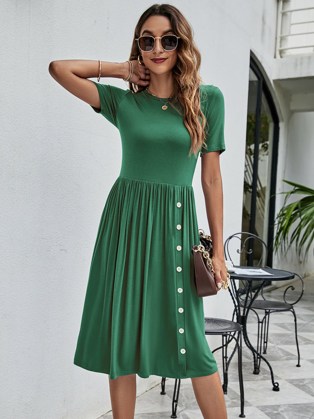 Button Detail Tee Dress with Pockets - Dress - Green - Bella Bourget