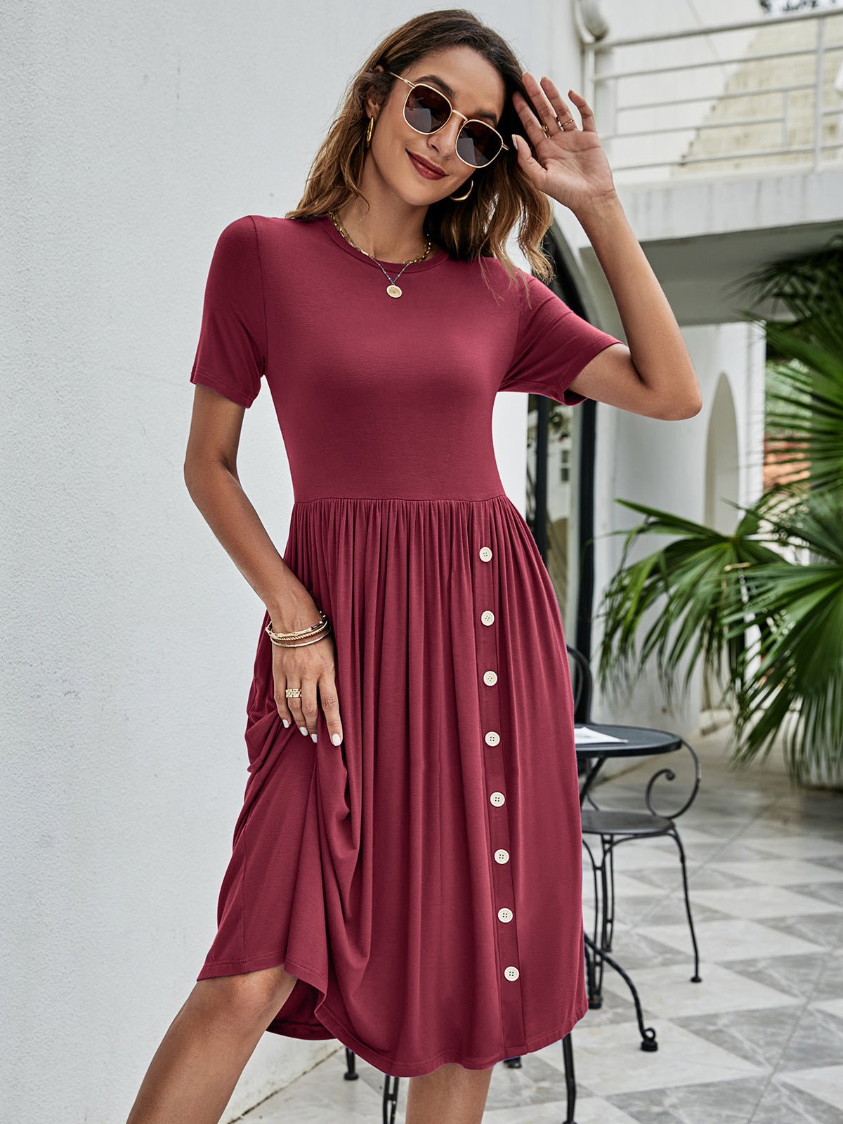 Button Detail Tee Dress with Pockets - Dress - Wine - Bella Bourget