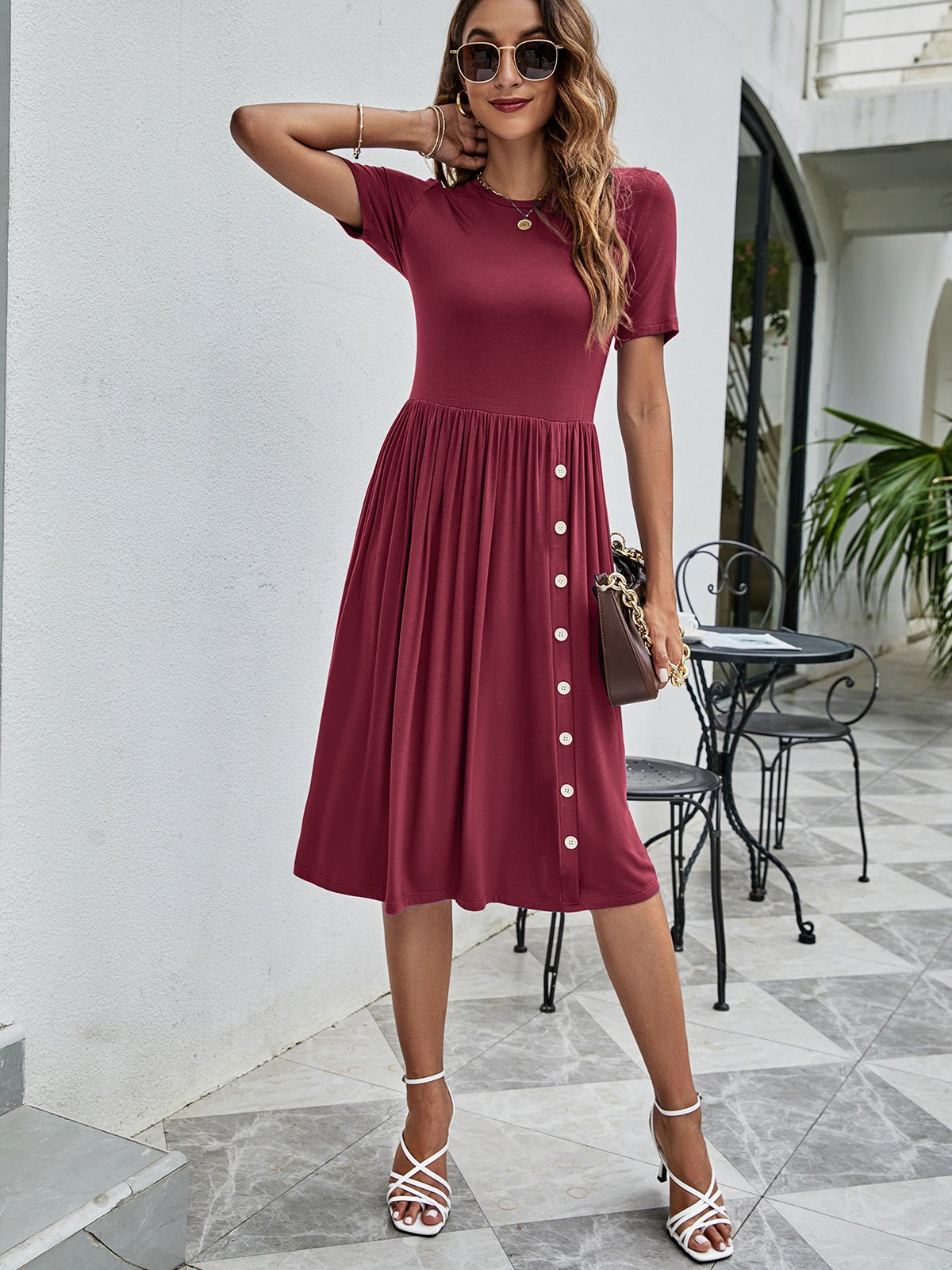 Button Detail Tee Dress with Pockets - Dress - Wine - Bella Bourget