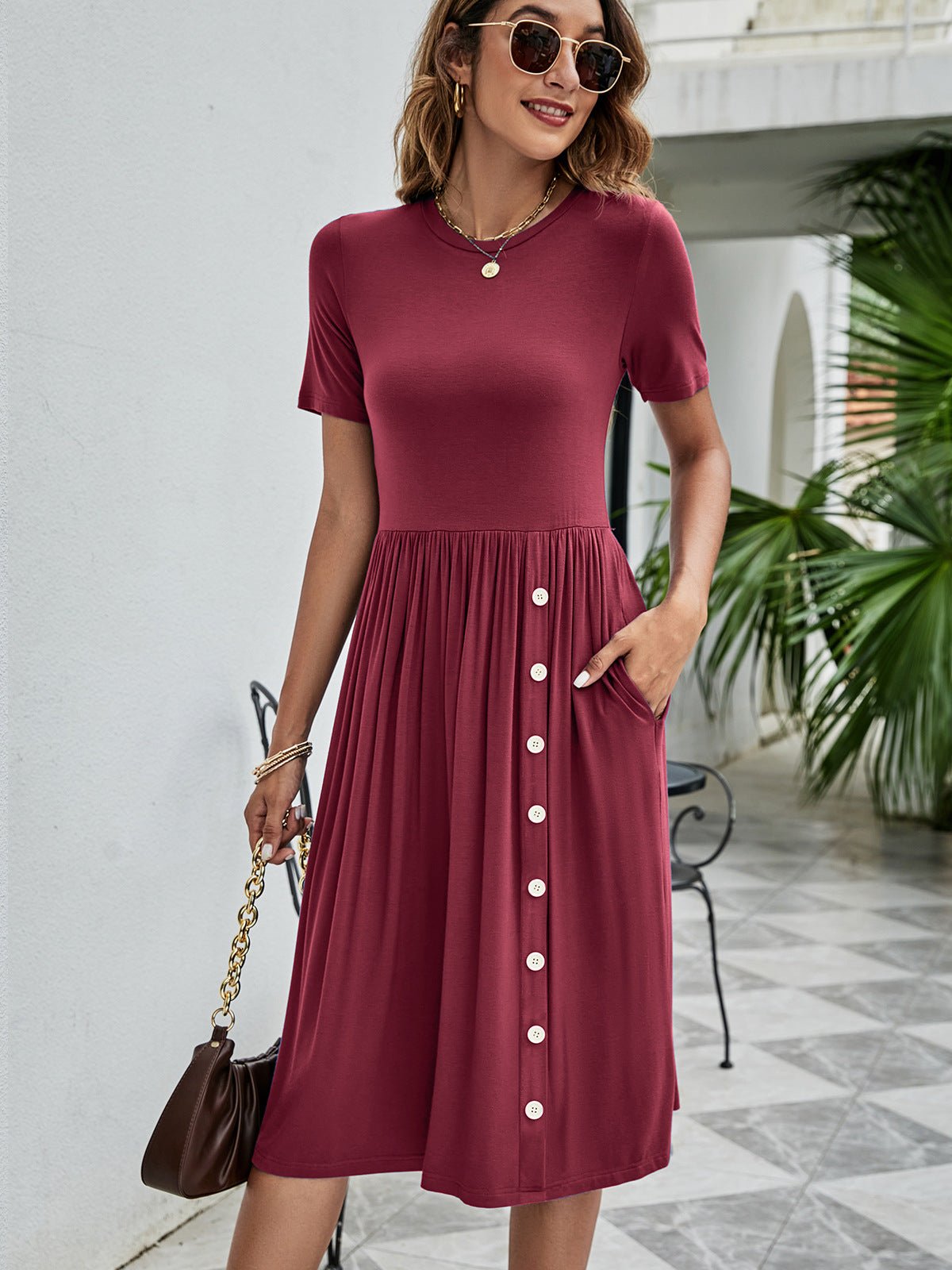 Button Detail Tee Dress with Pockets - Dress - Wine - Bella Bourget