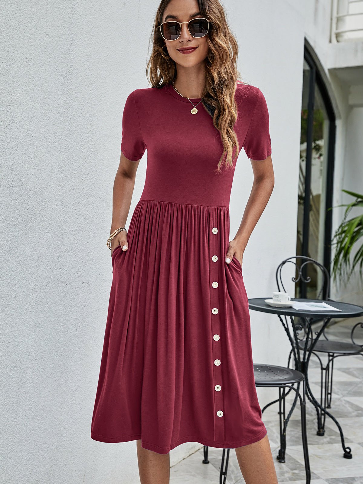 Button Detail Tee Dress with Pockets - Dress - Wine - Bella Bourget