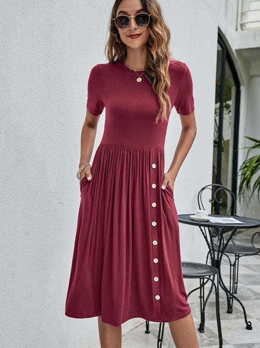 Button Detail Tee Dress with Pockets - Dress - Wine - Bella Bourget