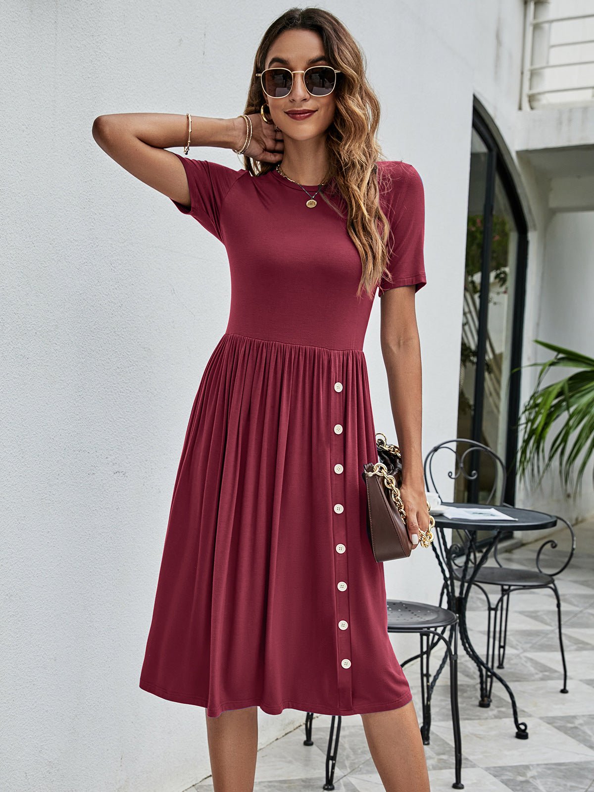 Button Detail Tee Dress with Pockets - Dress - Wine - Bella Bourget