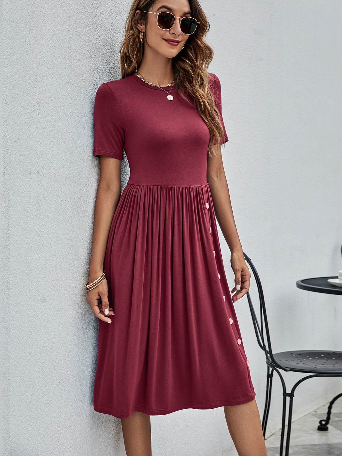 Button Detail Tee Dress with Pockets - Dress - Wine - Bella Bourget