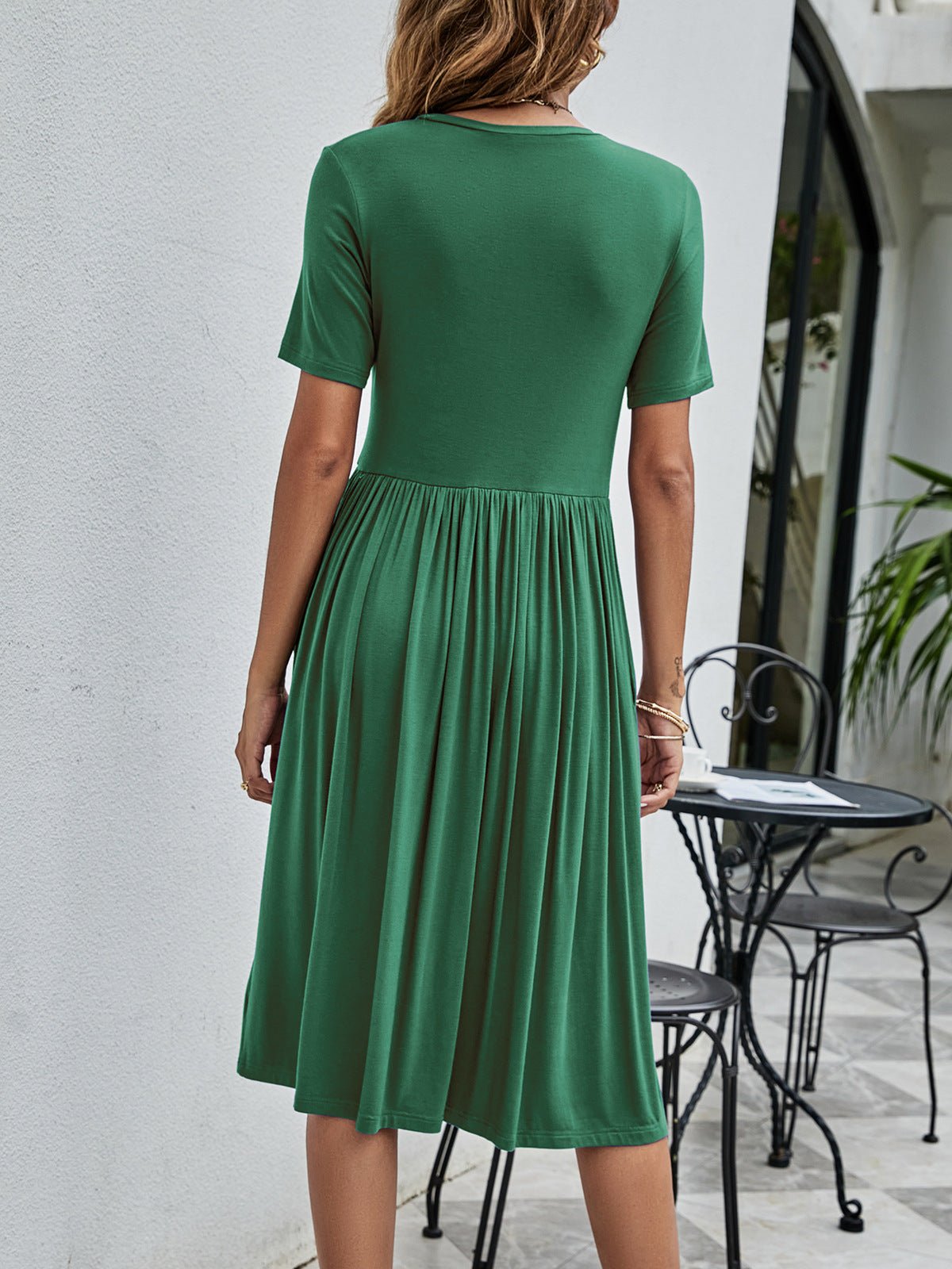 Button Detail Tee Dress with Pockets - Dress - Green - Bella Bourget