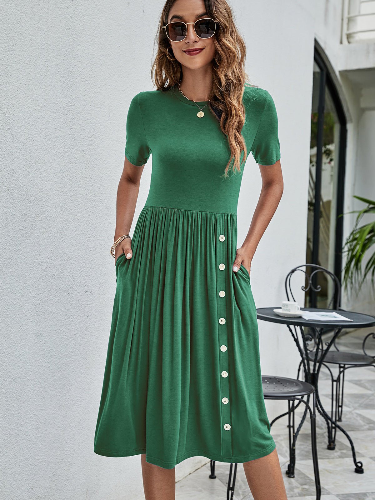 Button Detail Tee Dress with Pockets - Dress - Green - Bella Bourget