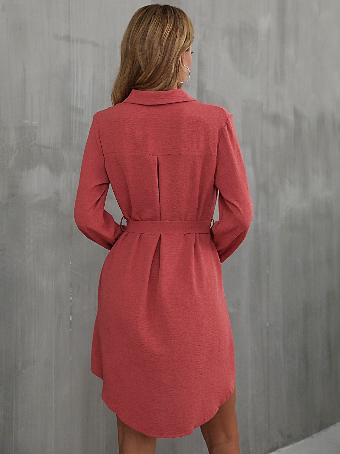 Button Down Belted Long Sleeve Shirt Dress - Dress - Salmon - Bella Bourget