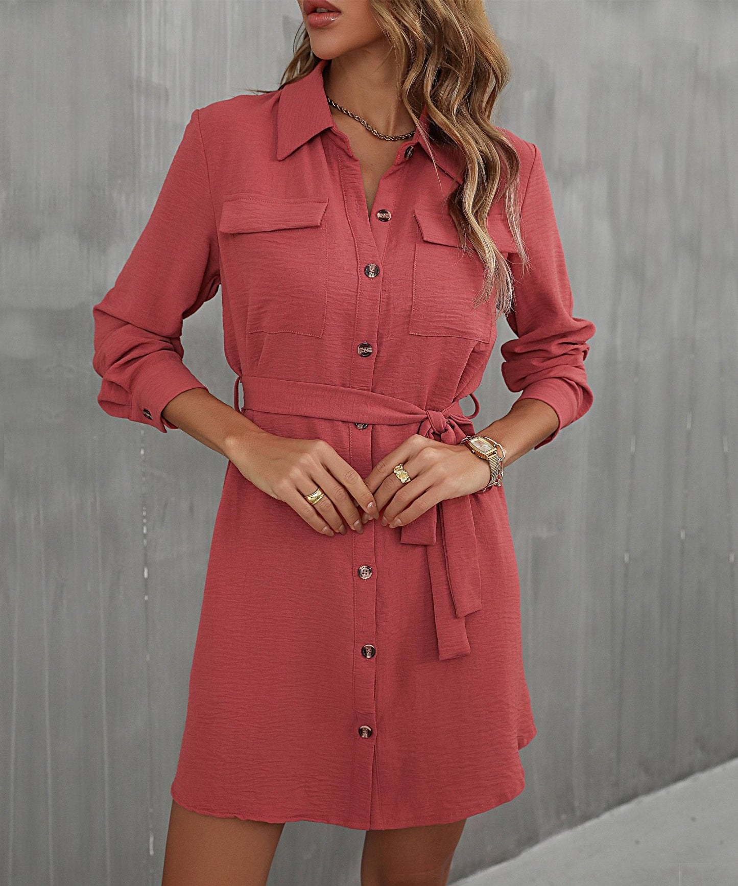 Button Down Belted Long Sleeve Shirt Dress - Dress - Salmon - Bella Bourget