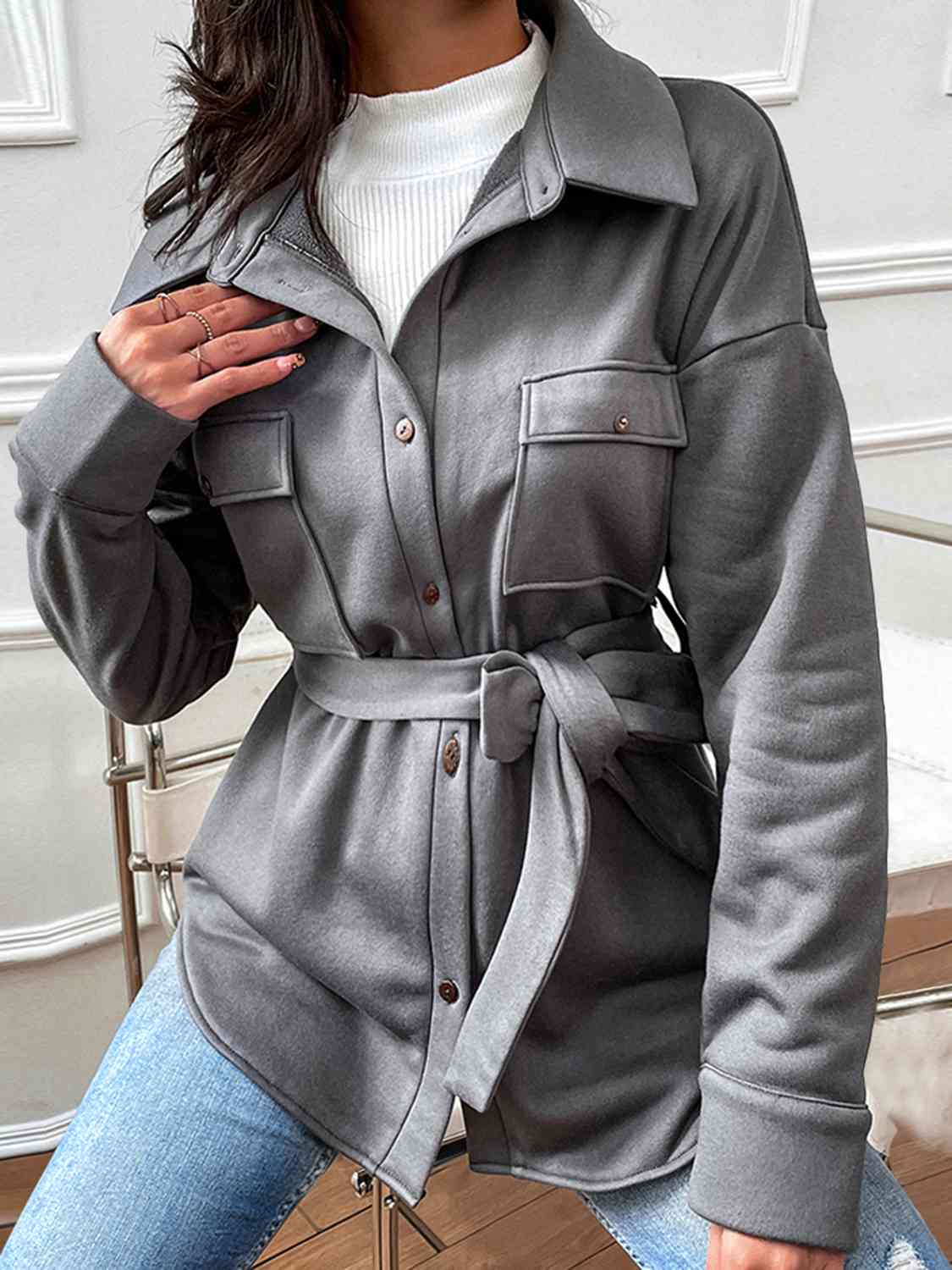 Button Down Dropped Shoulder Coat - Coat - Heather Gray - Bella Bourget