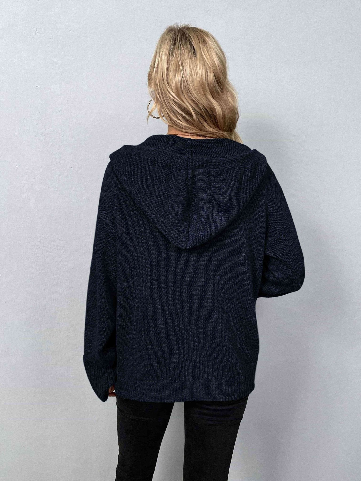 Button - Down Long Sleeve Hooded Sweater - Hooded Sweater - Navy - Bella Bourget