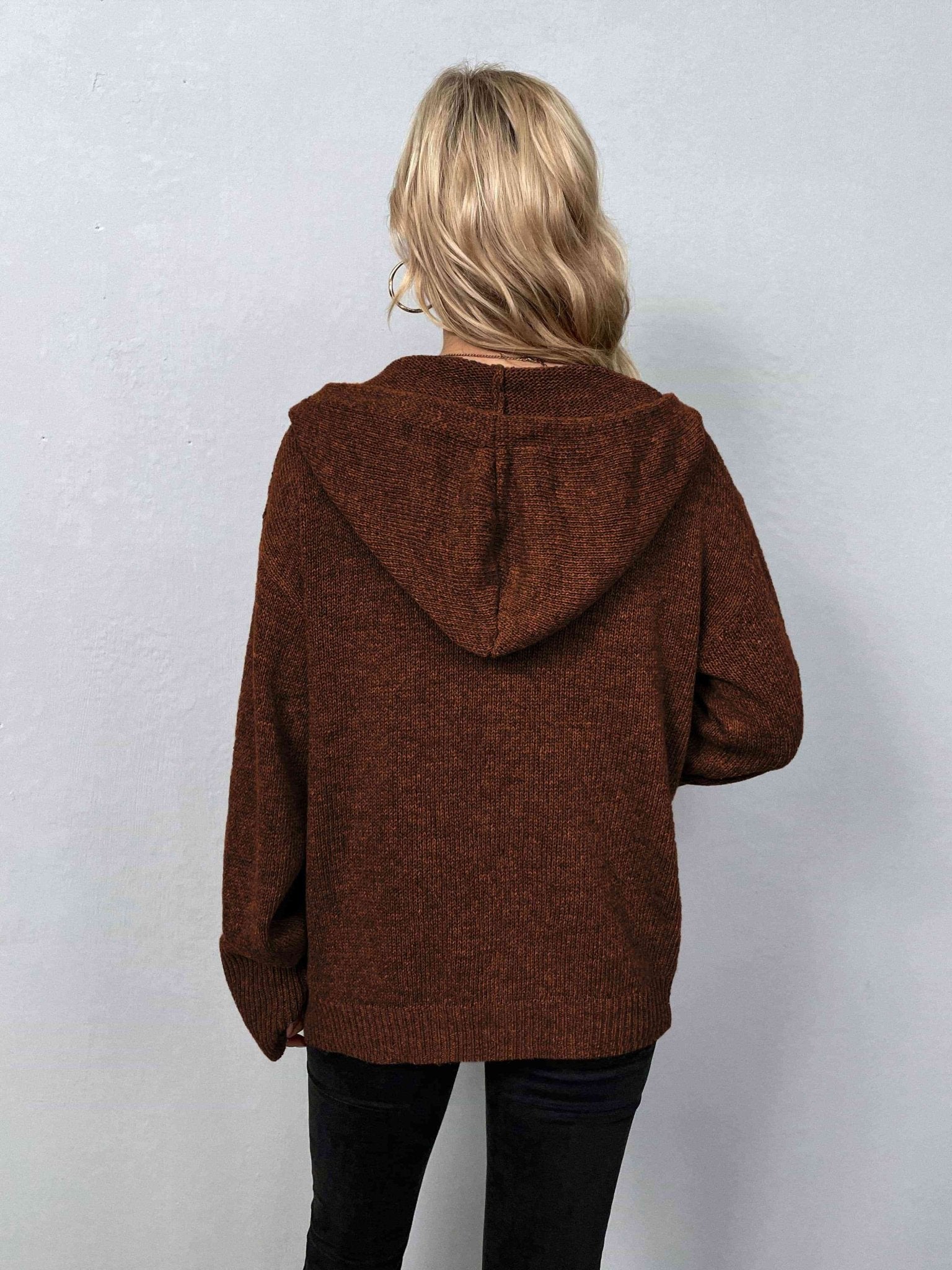 Button - Down Long Sleeve Hooded Sweater - Hooded Sweater - Chestnut - Bella Bourget