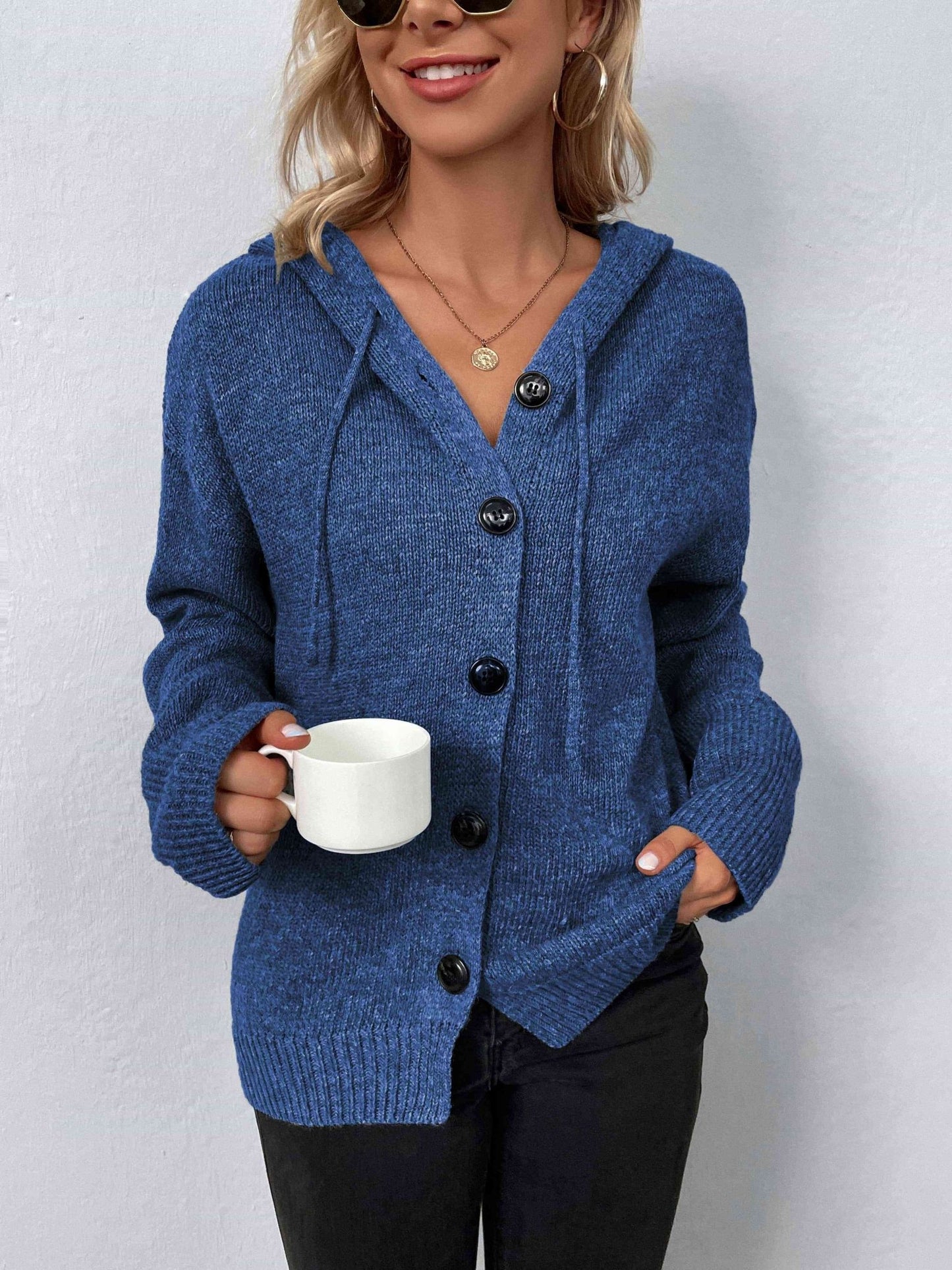 Button - Down Long Sleeve Hooded Sweater - Hooded Sweater - Dusty Blue - Bella Bourget