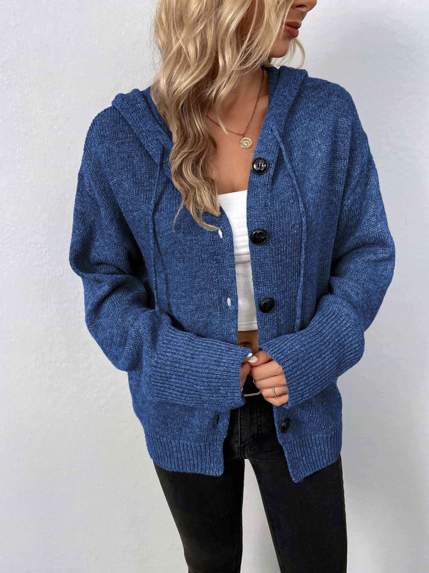 Button - Down Long Sleeve Hooded Sweater - Hooded Sweater - Dusty Blue - Bella Bourget