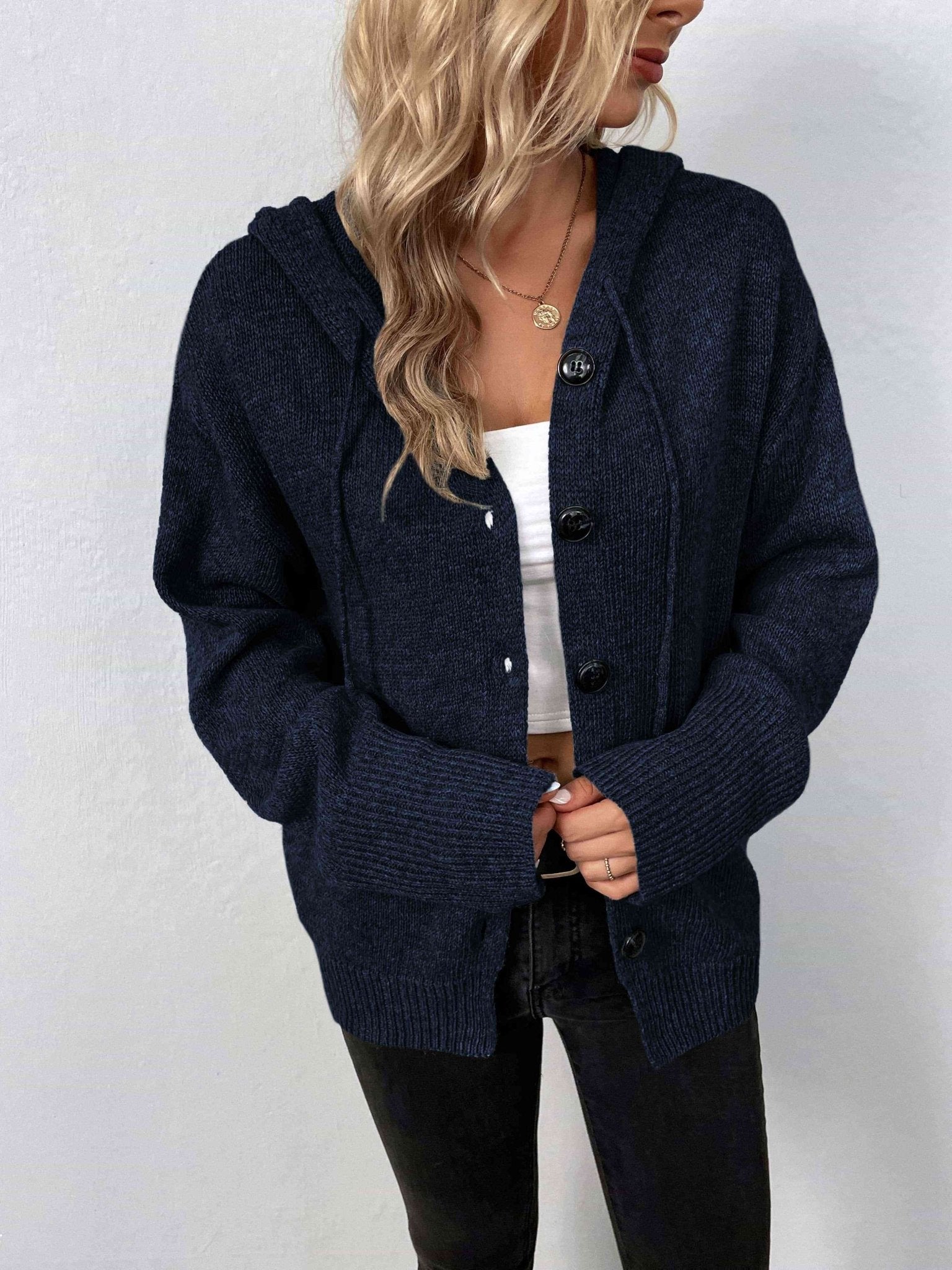 Button - Down Long Sleeve Hooded Sweater - Hooded Sweater - Navy - Bella Bourget