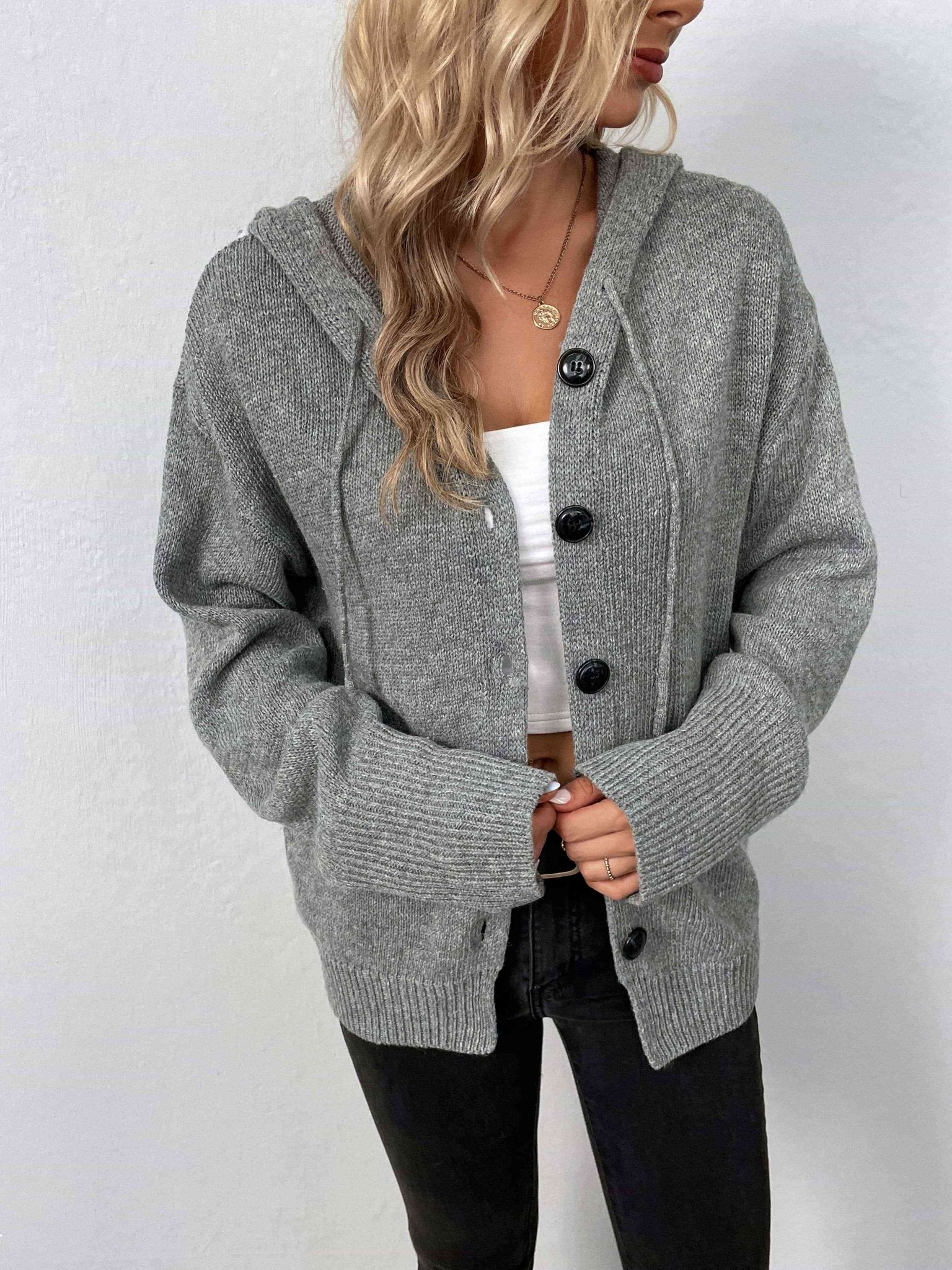 Button - Down Long Sleeve Hooded Sweater - Hooded Sweater - Heather Gray - Bella Bourget